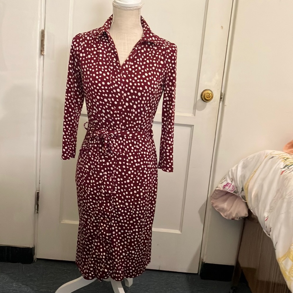 Faith and Passion Brand, size small burgundy dress white polka dotted dress.